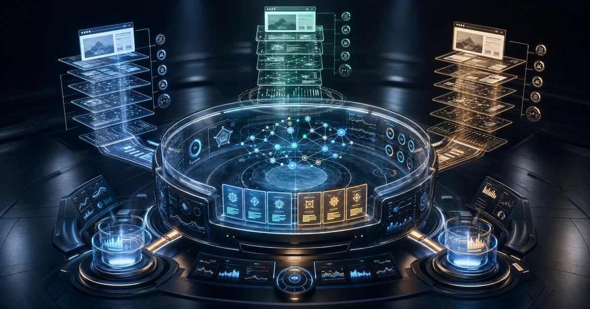 Futuristic agency audit command center analyzing multiple client websites into semantic AI visibility insights, model comparisons, and prioritized recommendations.