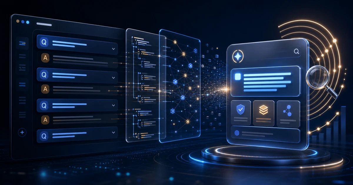 FAQ content blocks turning into structured data, semantic relationships, and AI-ready answer cards.
