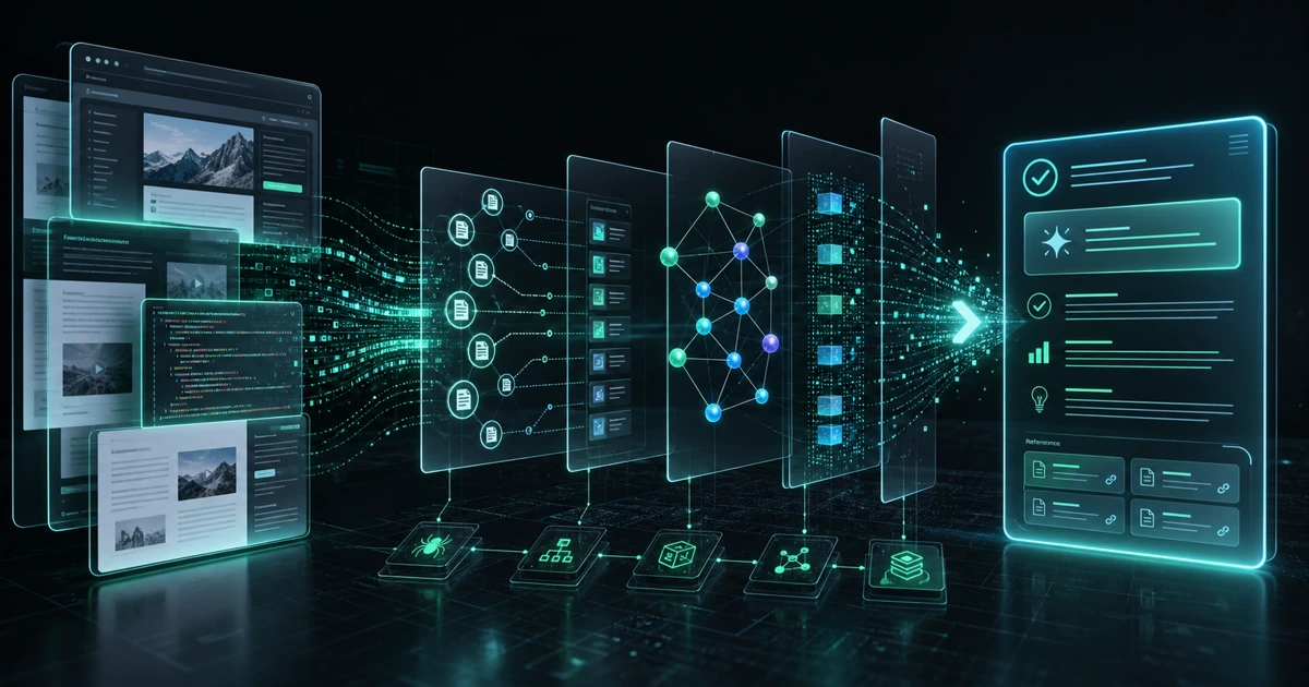 Website pages transforming through semantic connections and structured data into an AI-generated answer interface.